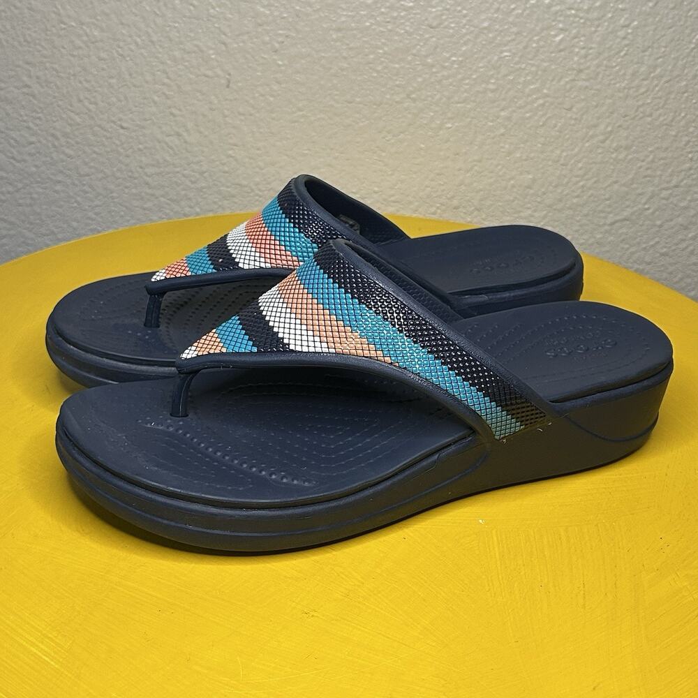 CROCS Monterey Women’s 9 Striped Blue Comfort Wedge Sandals